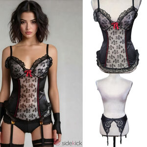 Frederick's Of Hollywood Nan Flower Sheer Black Lace Corset Garter Belt Set L